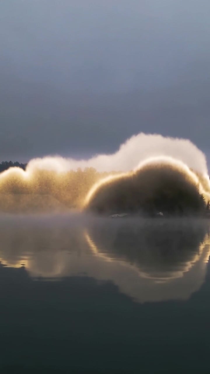 Video verticale: Banco di nebbia che si schiarisce con una retroilluminazione bassa, spostando e scolpendo la luce di contorno sul lago.