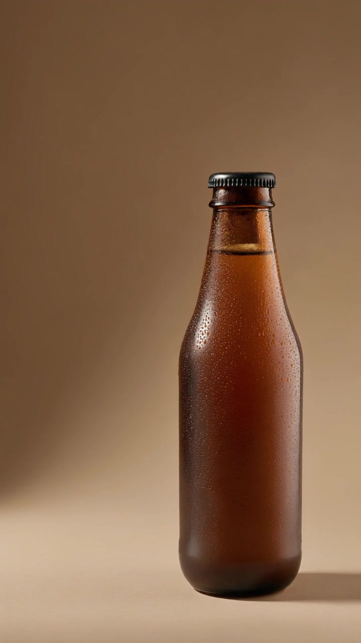 Garrafa de vidro marrom de café cold brew com tampa preta e condensação de água em um fundo bege