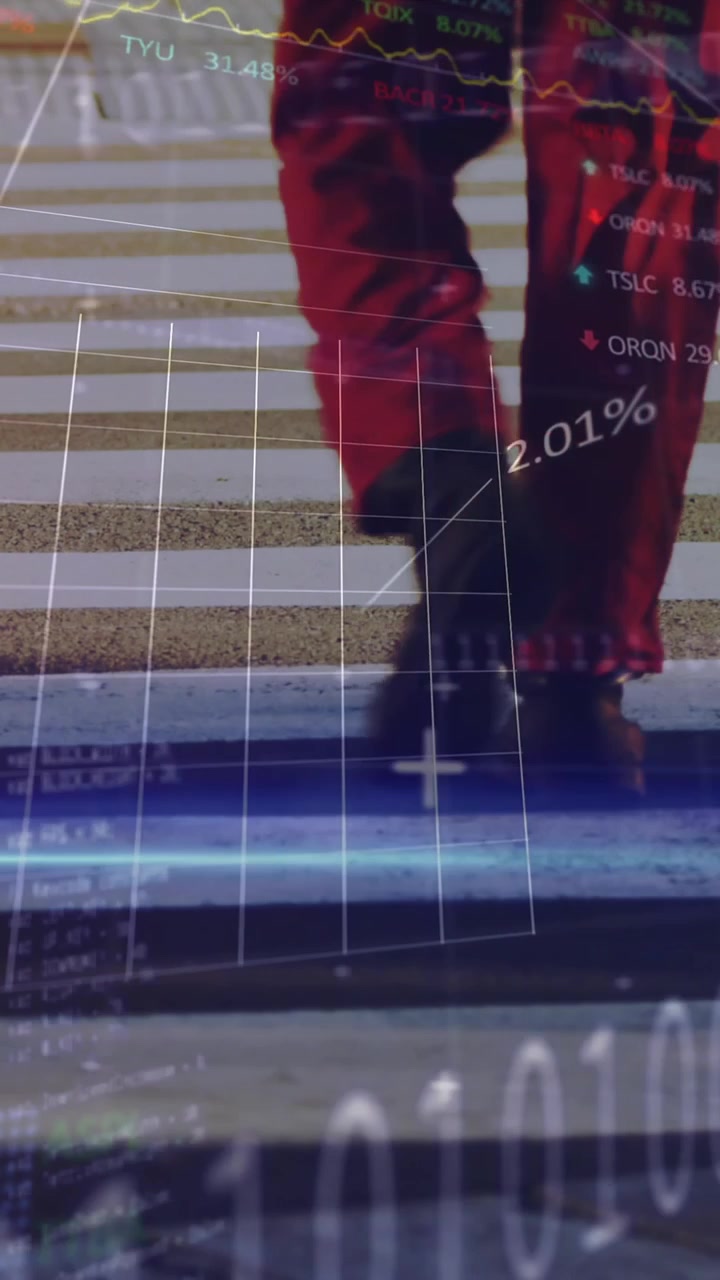 Animation de traitement de données financières sur un homme marchant dans la rue