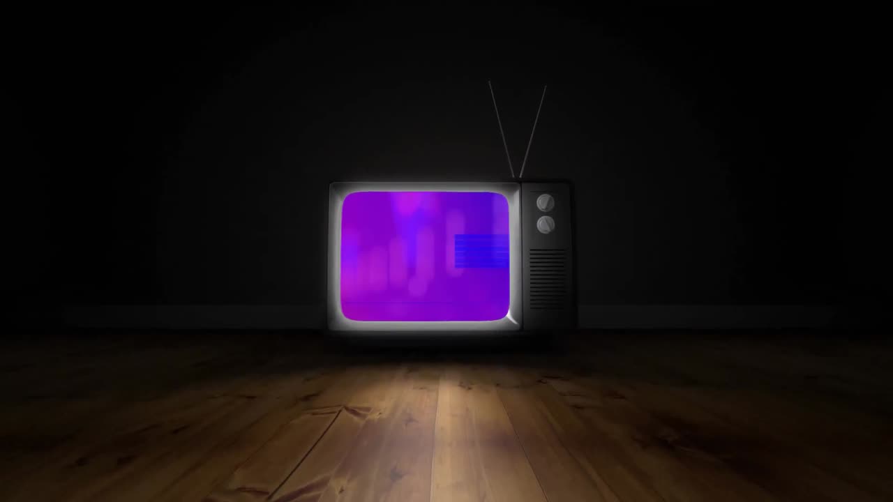 Old TV with cityscape surrounded by scrambled effect on the pink screen