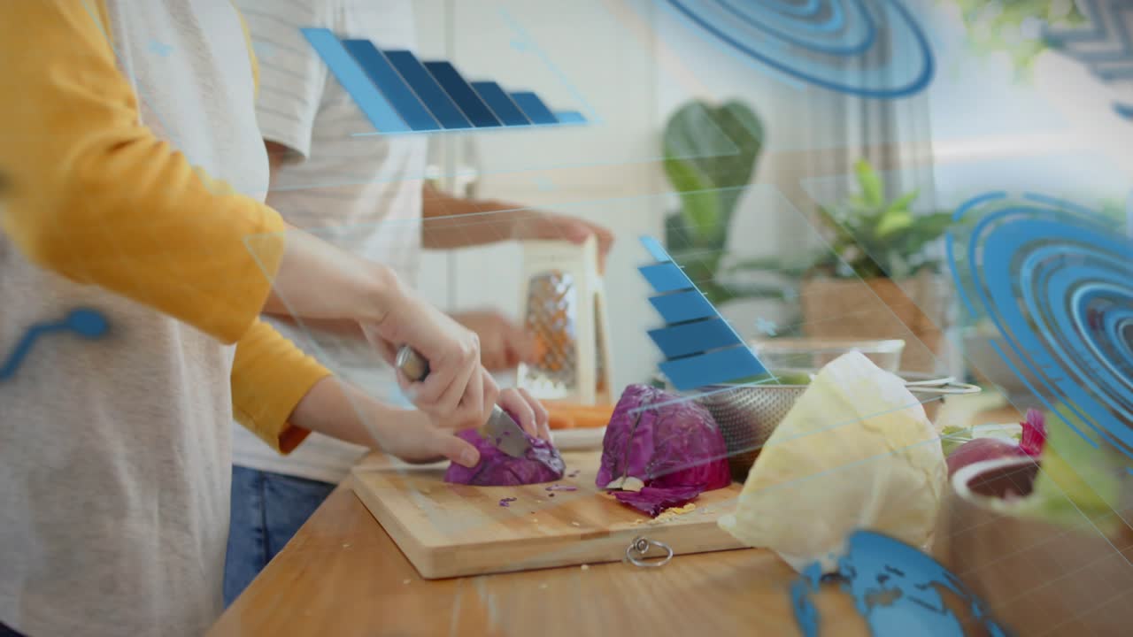 Man starting grating carrots, woman chopping purple cabbage to bowl, blue overlays guiding cooking