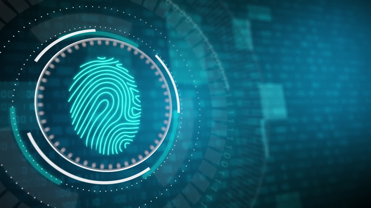 Round button with fingerprint scan. HUD animation of virtual computer cyber security elements on blue background with binary code.