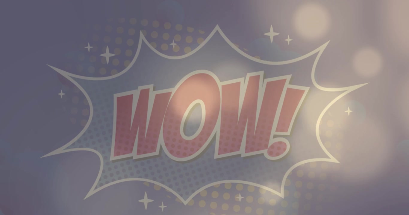 Wow text on speech bubble against spots of light against purple background with copy space