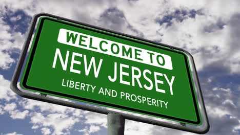 bienvenido a new jersey, estado de los estados unidos señal de carretera, libertad y prosperidad eslogan, animación 3d realista