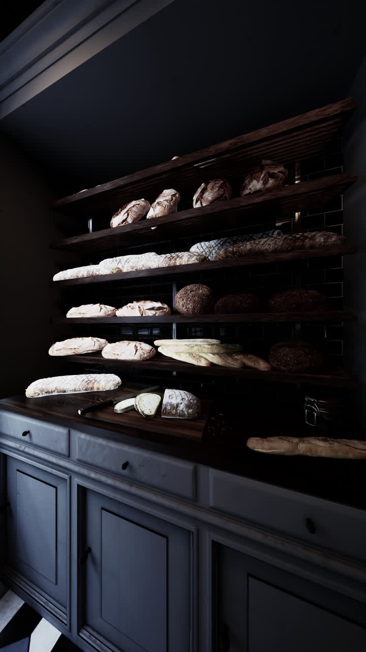 Un primo piano di un bancone di panetteria con scaffali pieni di pane fresco