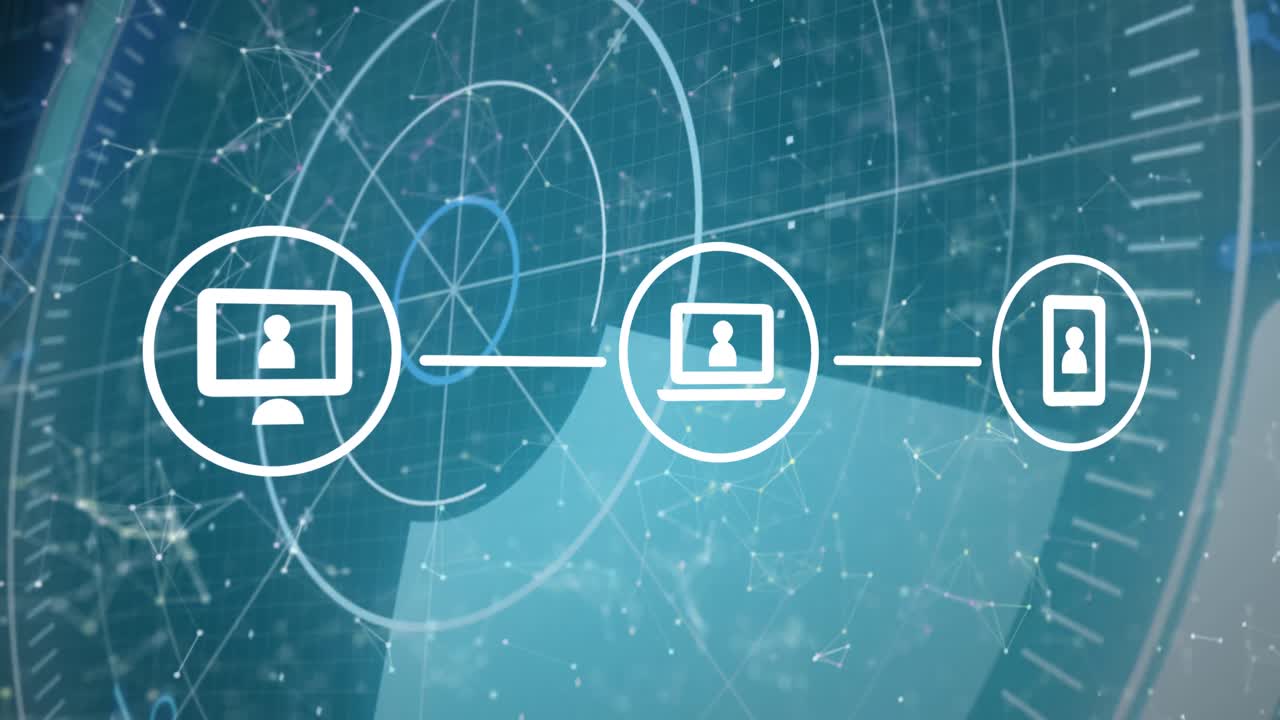 Animation of network of connections and icons over blue background