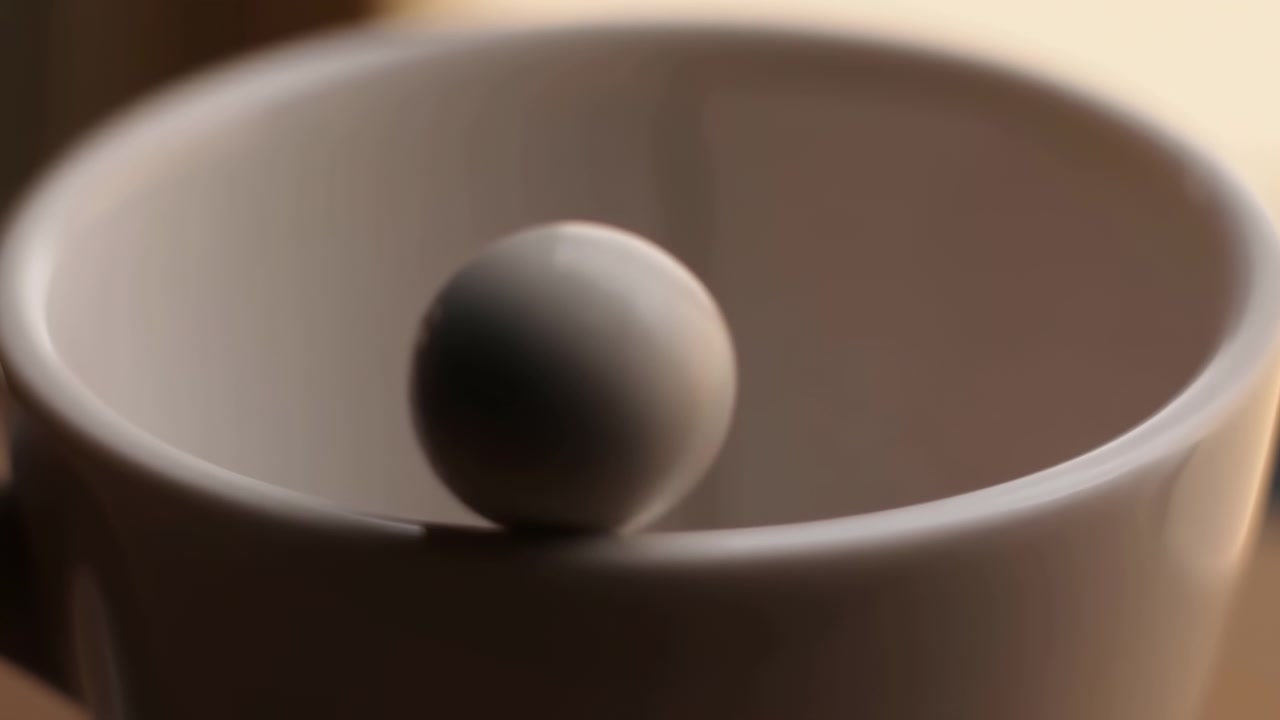 Close view shows small matte sphere moving from rim into shallow ceramic bowl, then settling along inner curve, partly hidden inside under soft directional light with calm neutral tones