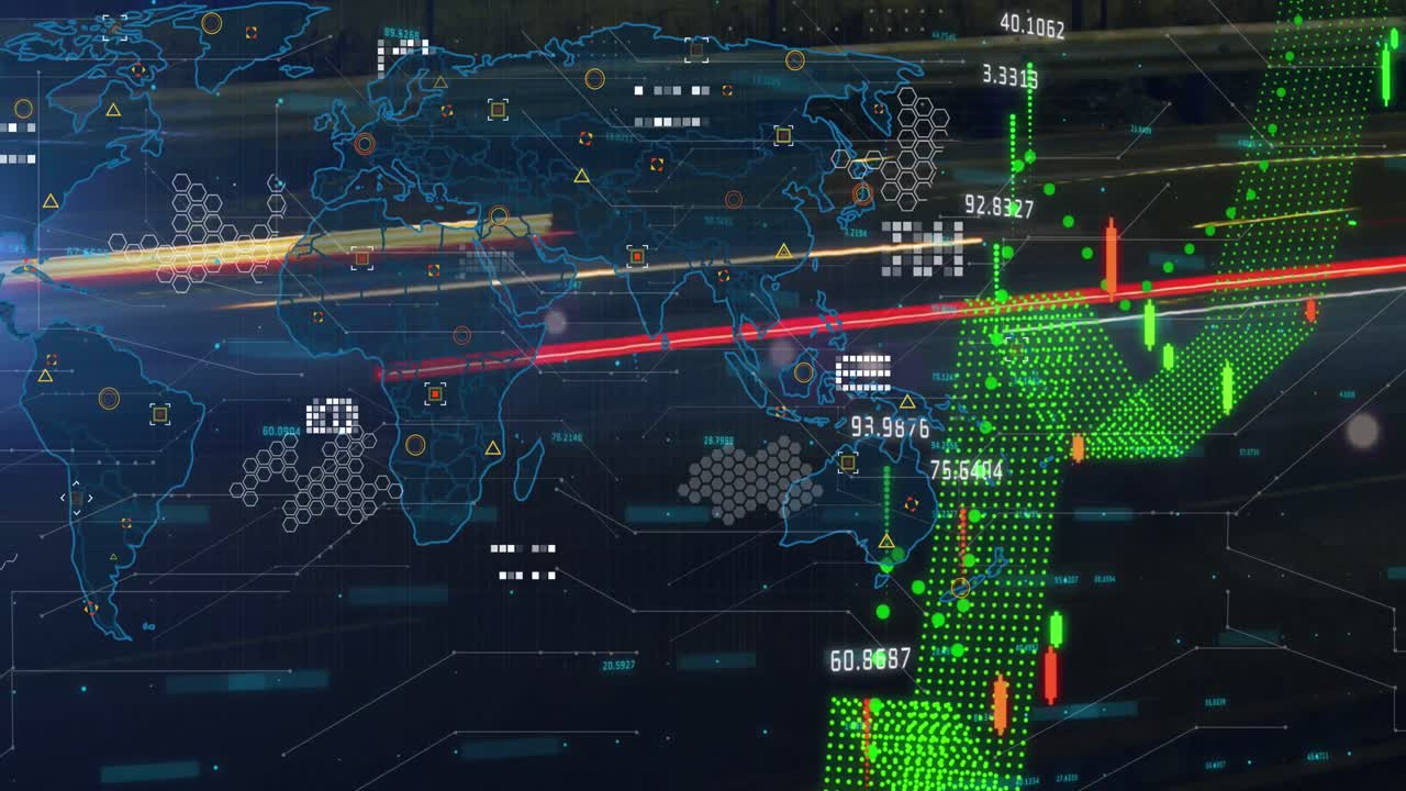 검은 바탕에 있는 세계 지도 위의 데이터 처리 애니메이션