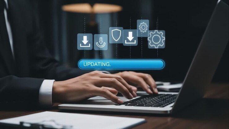 Man Initiating a System Software Update on His Laptop