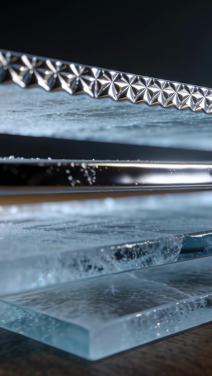 Vertical video: Sliding camera revealing glass stack on table, showing metal trim and bubbles