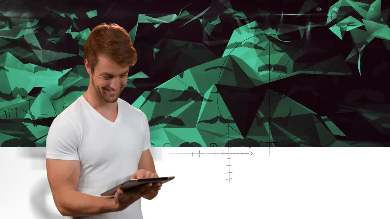 태블릿을 사용하여 사람 위의 데이터 처리 및 수학적 방정식의 애니메이션