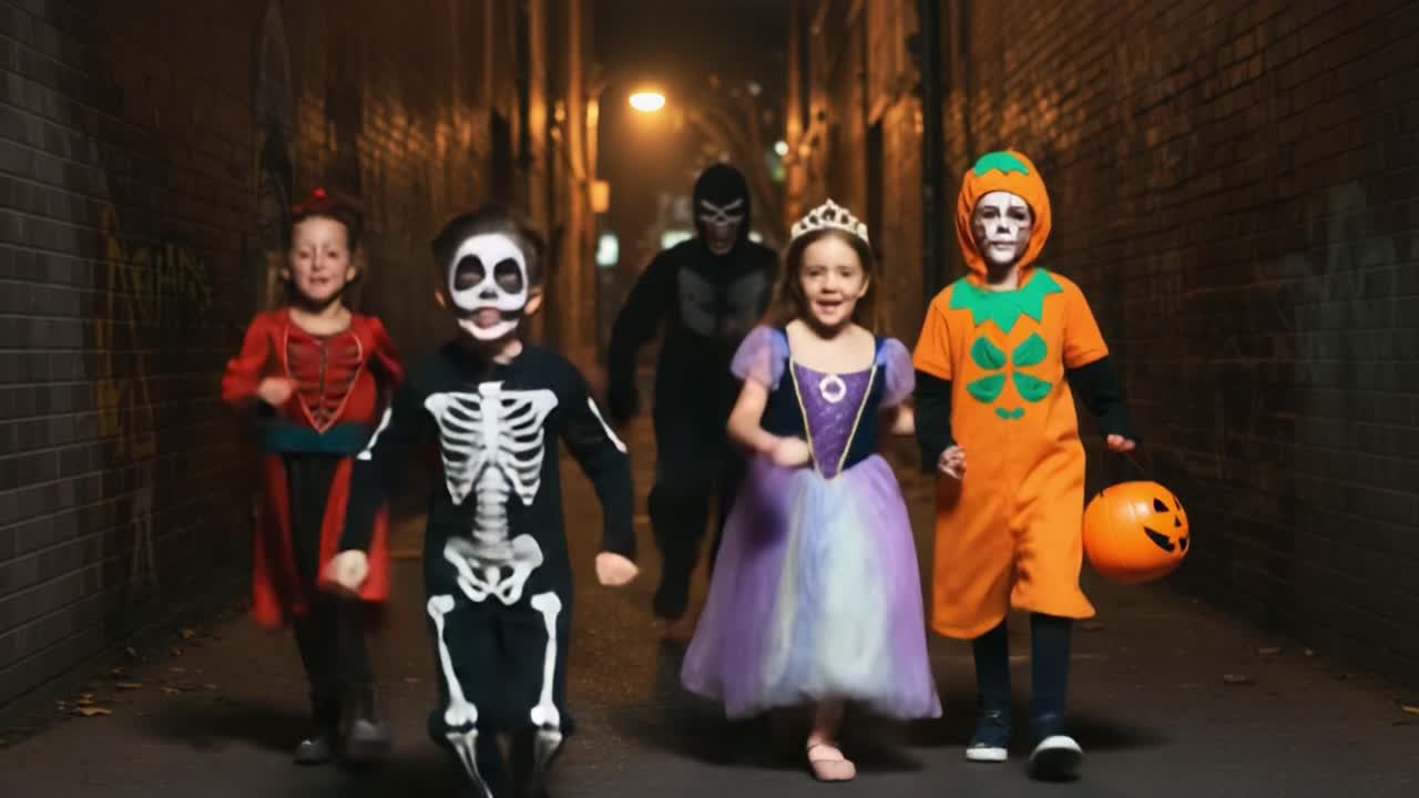 A Thrilling Halloween Adventure: Kids Dressed in Creative Costumes Running Together in a Mysterious Alley at Night, Embracing the Spooky Spirit of the Season