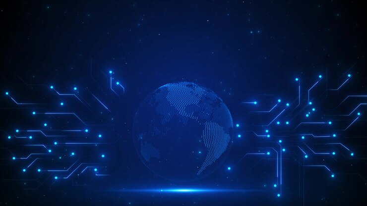 Globo digitale blu, sfondo a circuito, terra punteggiata, linee di connessione luminose, atmosfera di spazio profondo