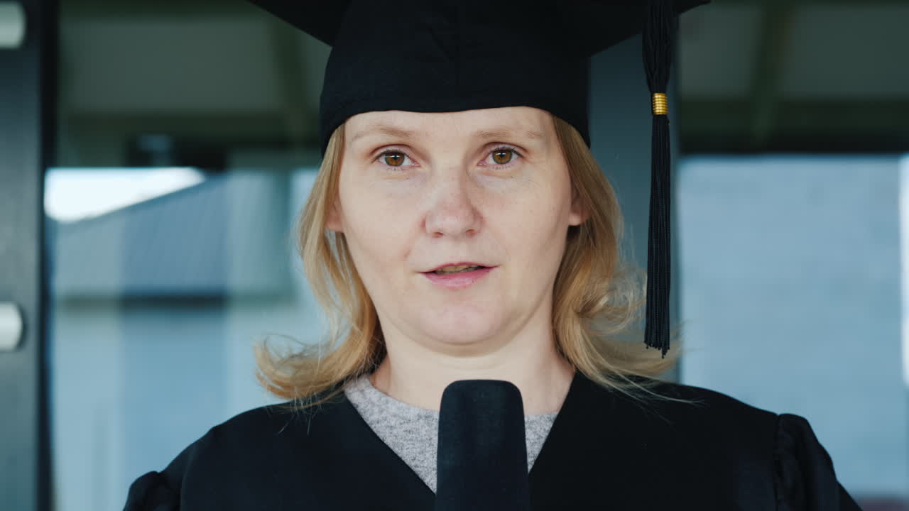 выпускник в мантии и шапочке говорит в микрофон