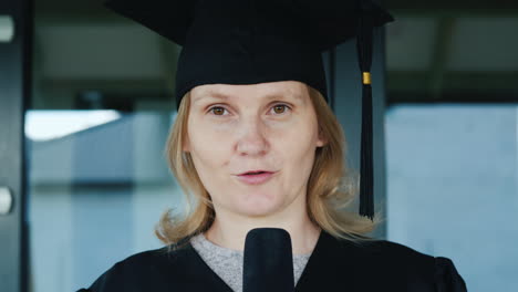 a graduate in a robe and cap speaks into the microphone