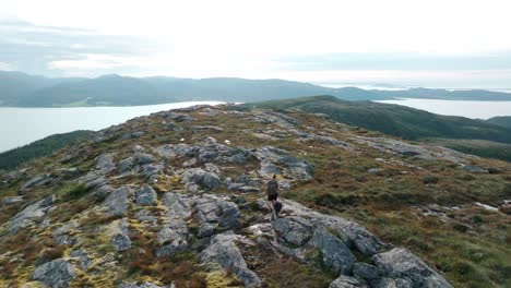 person with dog trekking over rugged terrain near rissa and hasselvika towards the mountain of blaheia, norway