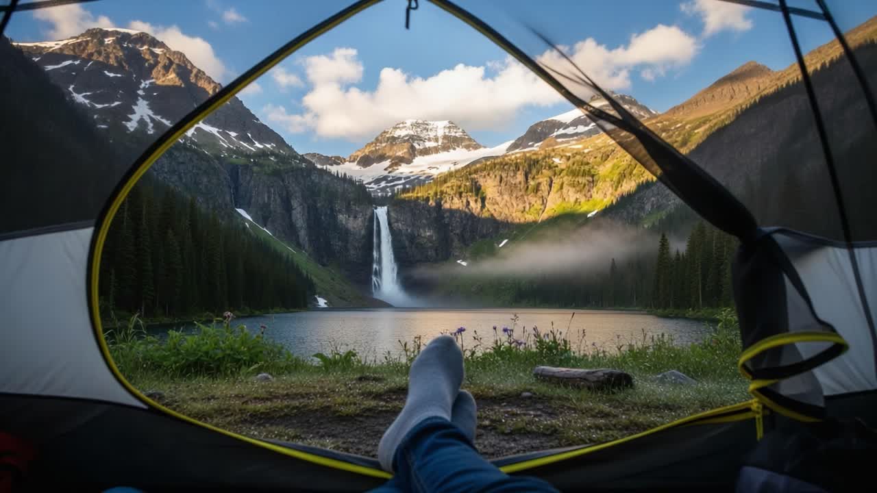 Relaxing View from a Tent in Majestic Nature: Peaceful Morning by the Lake with a Stunning Waterfall Surrounded by Lush Greenery and Majestic Mountains