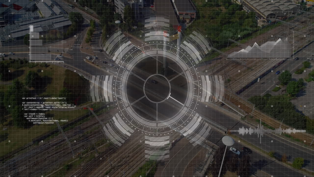 Animation of round scanner and data processing against aerial view of city traffic