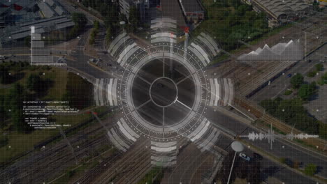 animación del escáner redondo y procesamiento de datos contra la vista aérea del tráfico de la ciudad