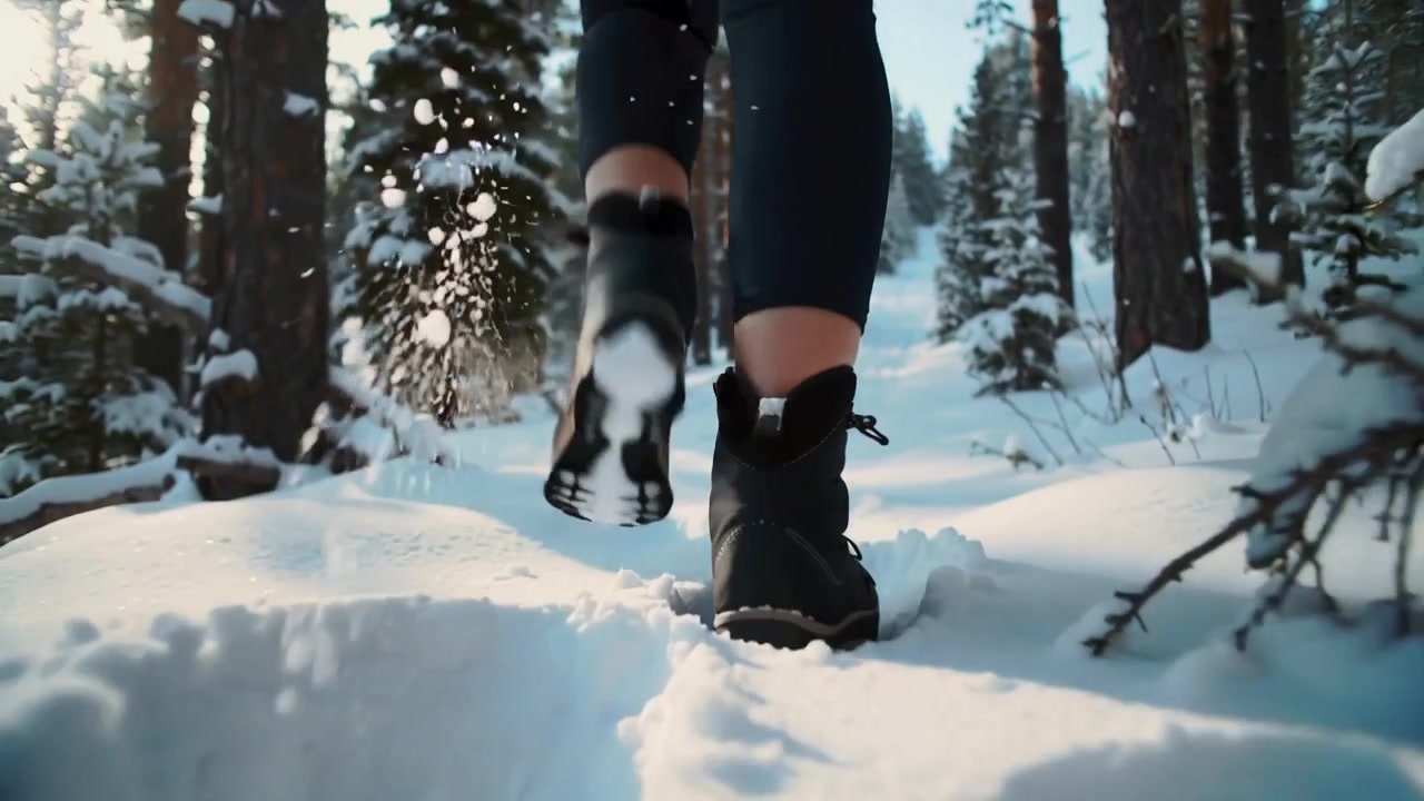 Botas negras de excursionista caminando sobre nieve fresca, subiendo una cuesta en un sendero, dejando huellas.