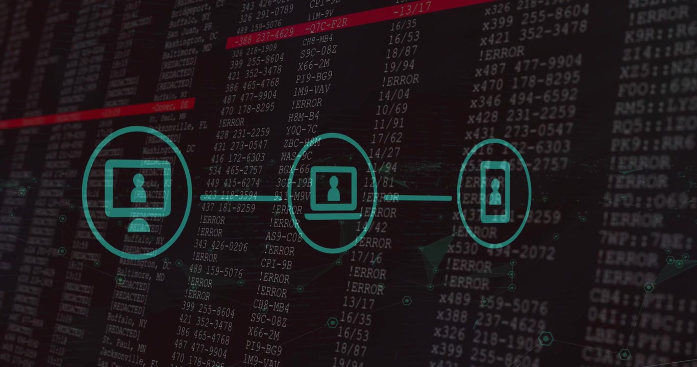 Animation of network of digital icons over data processing against black background