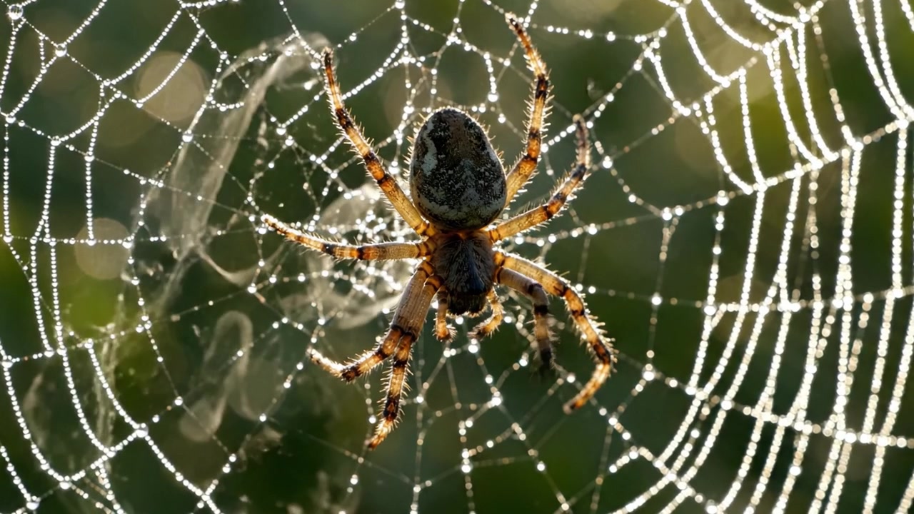 En nærbildeobservasjon av en vakker edderkopp som bygger sitt intrikate nett i morgenlyset, og viser naturens kunstnerskap og bemerkelsesverdige detaljer i duggdråpene