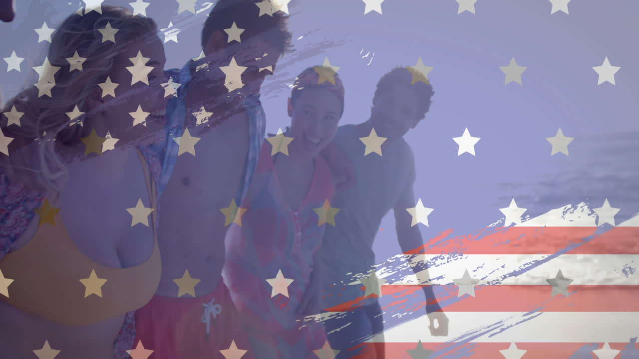 해변에서 고 있는 다양한 친구들 위에 있는 미국 발의 애니메이션