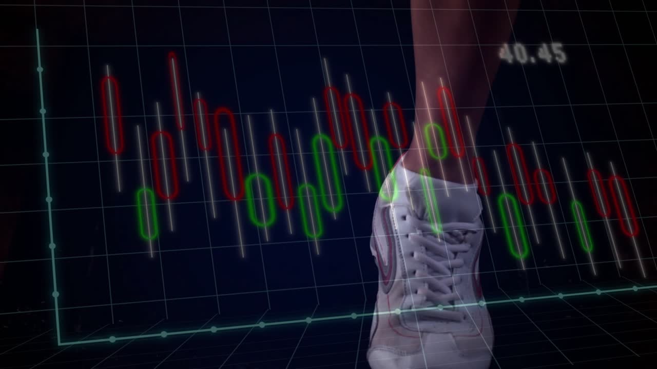Zapatilla deportiva blanca pisando una cuadrícula 3D que genera barras gráficas brillantes que se desplazan con cada paso mostrando las tendencias del mercado