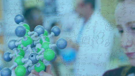 chemical formulas and molecular structure animation over scientists working in laboratory