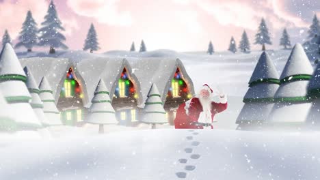 Papá-Noel-Frente-A-Casas-Decoradas-En-Un-Paisaje-Invernal-Combinado-Con-Nieve-Que-Cae