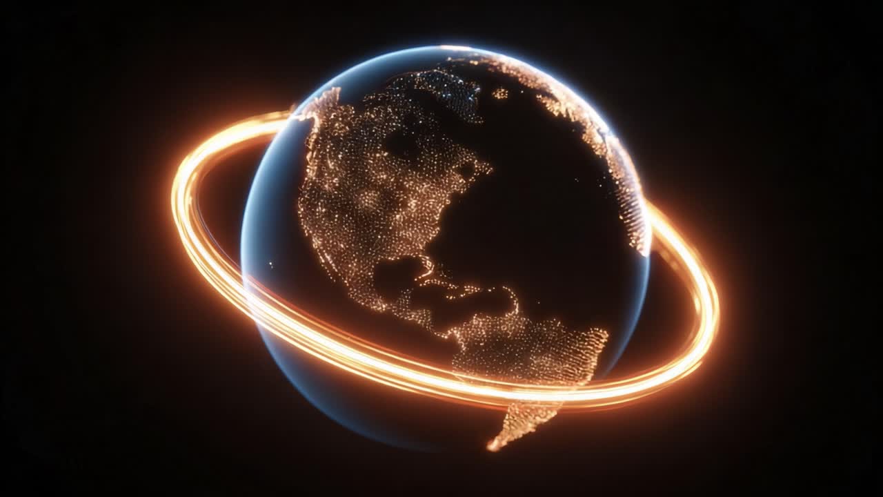 Glowing light streaks representing global data and communication networks orbit a rotating digital Earth, showcasing North and South America illuminated by city lights in the darkness of space