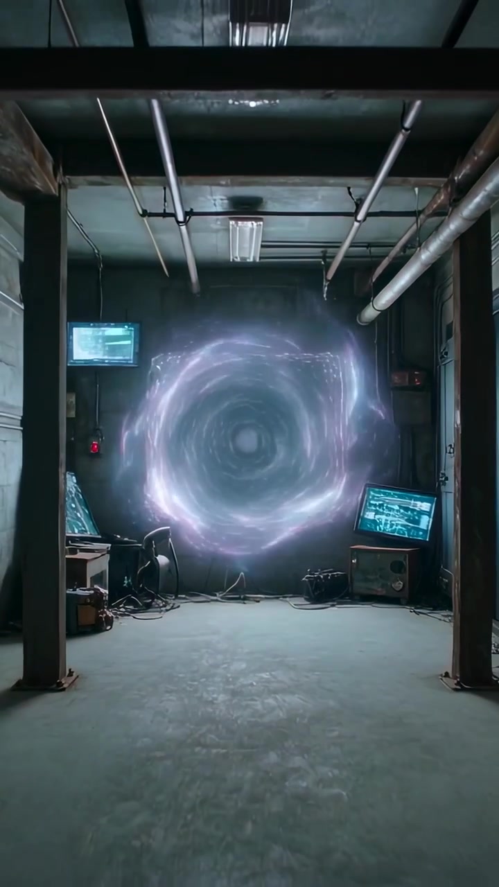 Video verticale: La telecamera si allontana rivelando un vortice viola illuminato su una parete di un locale tecnico, mostrando cavi.