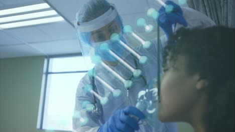 animación de una cadena de adn girando sobre un médico y un paciente afroamericano usando una máscara de oxígeno