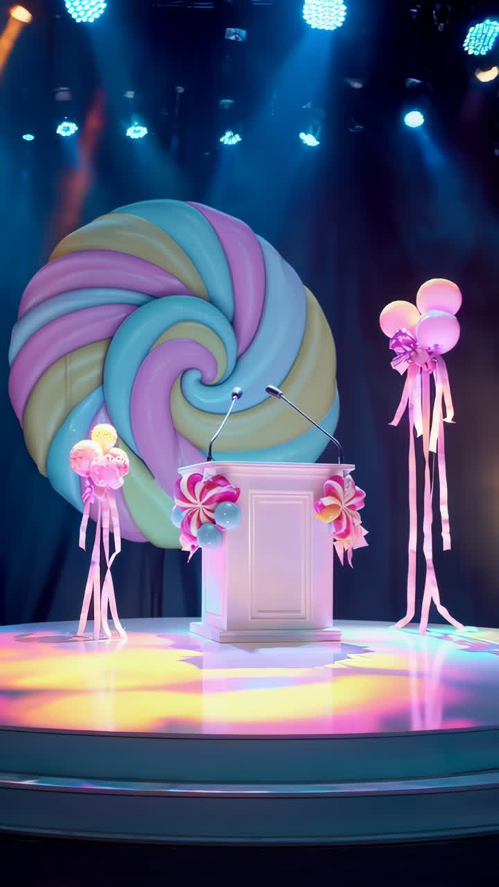 Candy-Themed Stage with Podium and Decorations