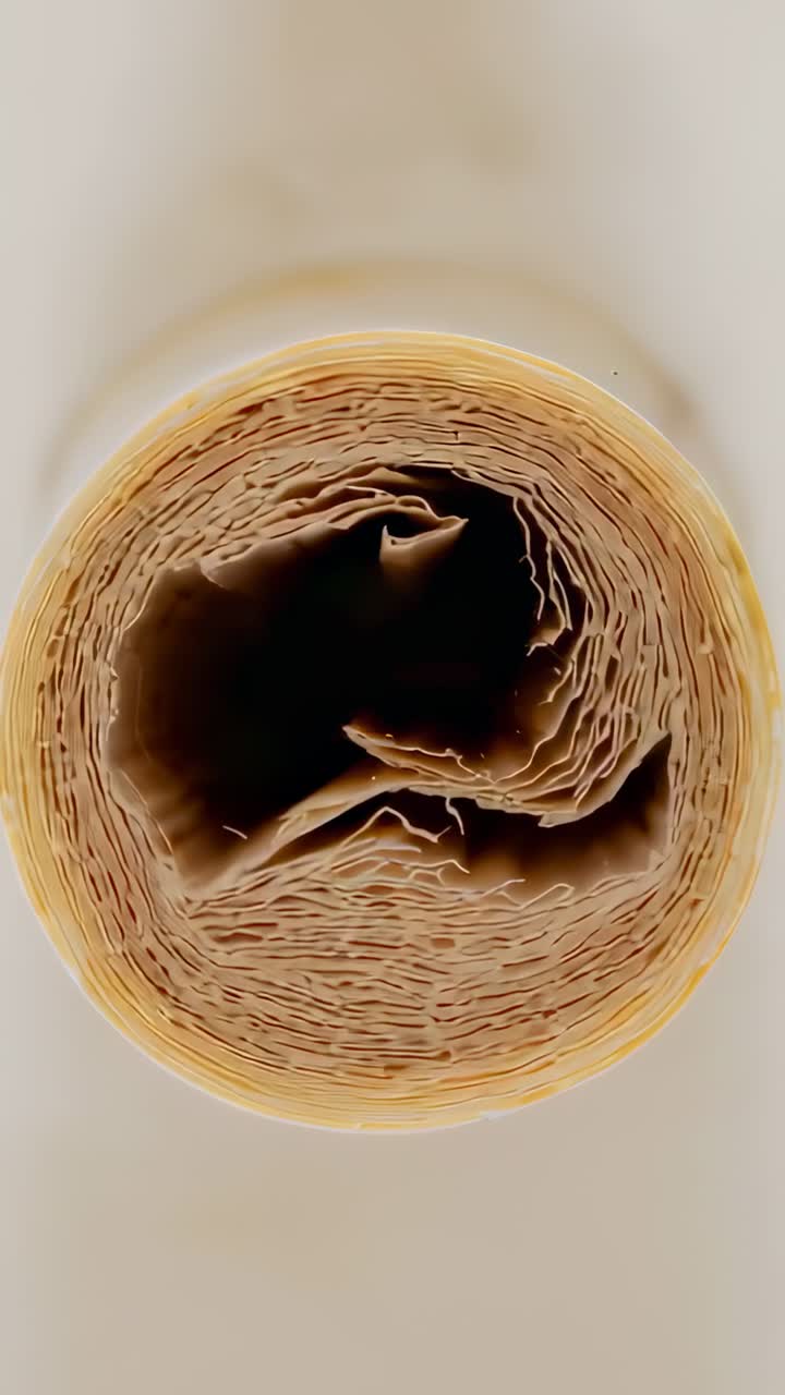 Vertical video: Recording causing paper roll rotating on beige table to reveal cardboard core