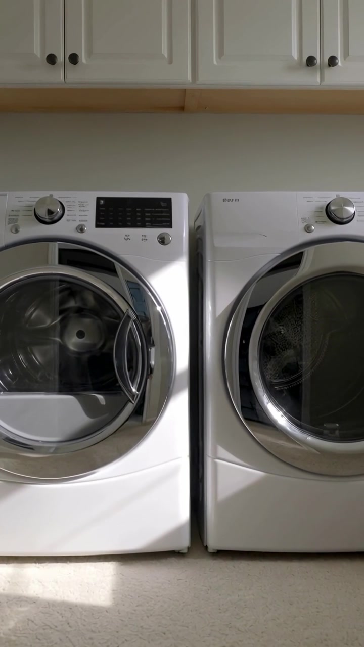 Vertical video: Recording washer and dryer staying shut in laundry room, with sunlit patch shifting