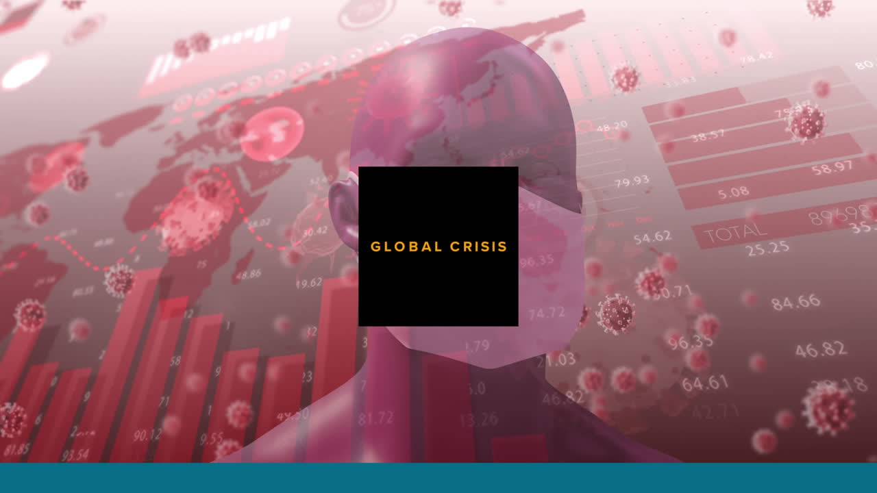 그래프 위의 코로나바이러스 경고 제목과 바이러스 세포가 날아갑니다.