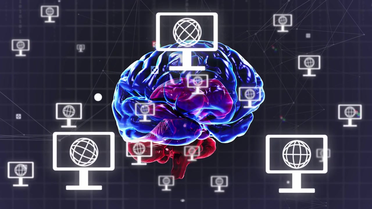 Single monitor spawning, monitors multiplying, encircling rotating 3D brain, showing network growth