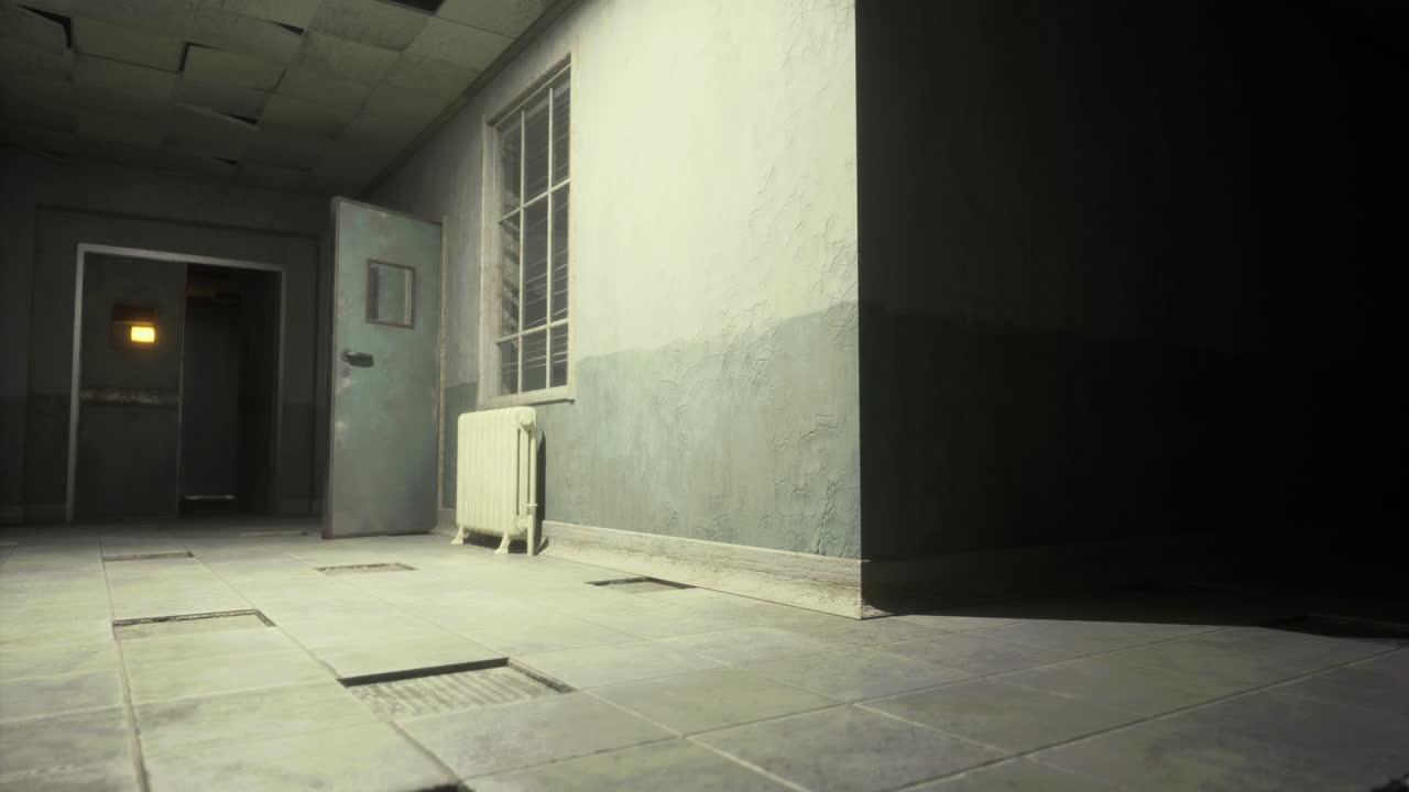 Abandoned hallway in a dimly lit building with an open door and radiator