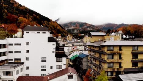 aerial drone view of shibu onsen town in autumn in nagano japan