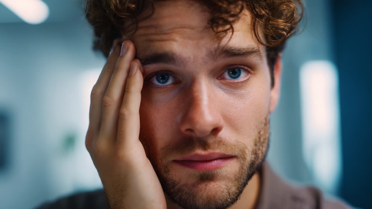 Primo piano di un giovane uomo che si tiene la testa in preda all'angoscia, catturando un momento di emozione e introspezione in un moderno ambiente d'ufficio