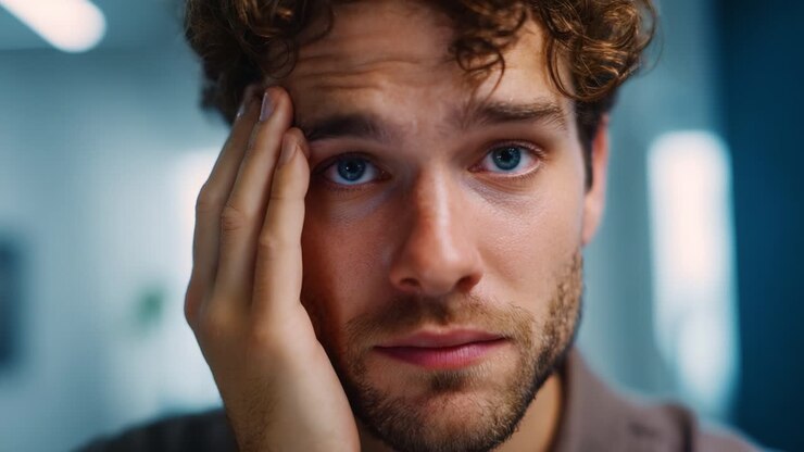 A Close-Up of a Young Man Holding His Head in Distress, Capturing a Moment of Emotion and Introspection in a Modern Office Environment