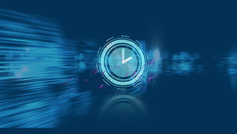 animación de reloj en movimiento y líneas púrpuras sobre procesamiento de datos