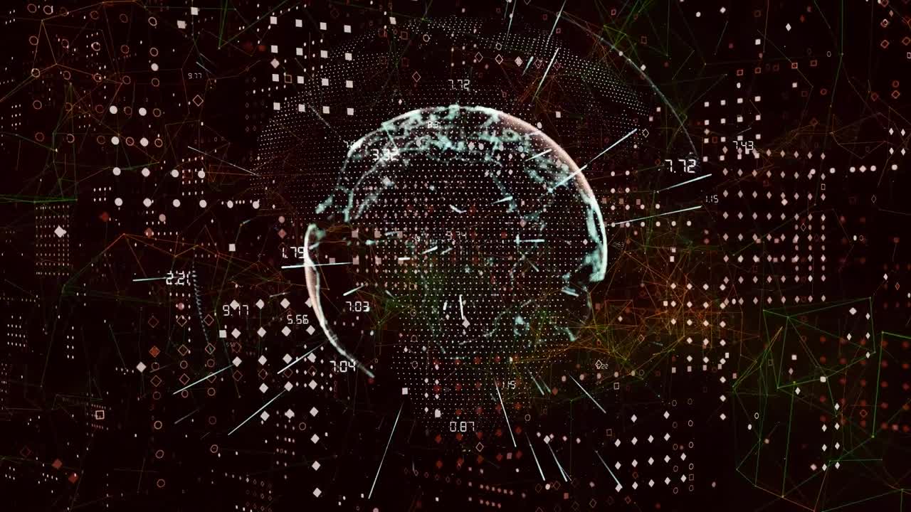 Animation of globe over network of connections and data processing