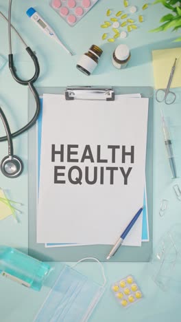 vertical video of health equity written on medical paper