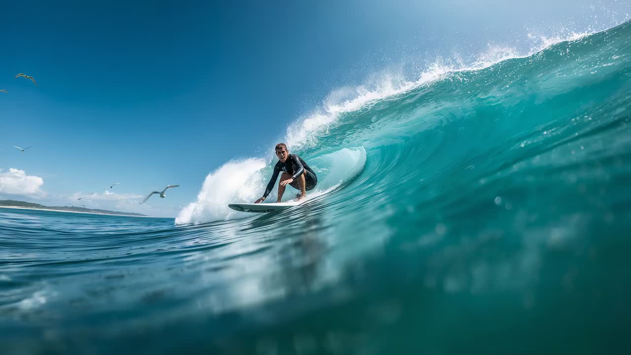 Riding breaking wave, surfer crouching and shifting on surfboard inside barrel aiming exit, wetsuit