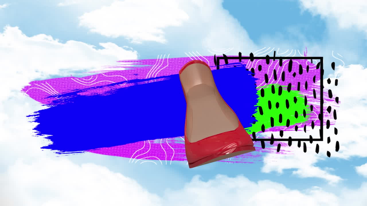 animación de taco alto rojo girando sobre un patrón abstracto contra nubes que se mueven en el cielo