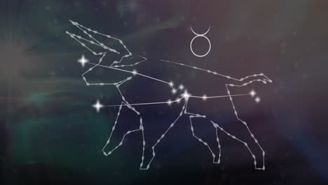 animación del signo de la estrella de tauro en nubes de humo en el fondo.