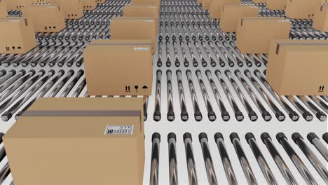 Rows-of-cardboard-packing-boxes-moving-on-conveyor-belts