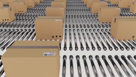 filas de cajas de embalaje de cartón que se mueven en cintas transportadoras